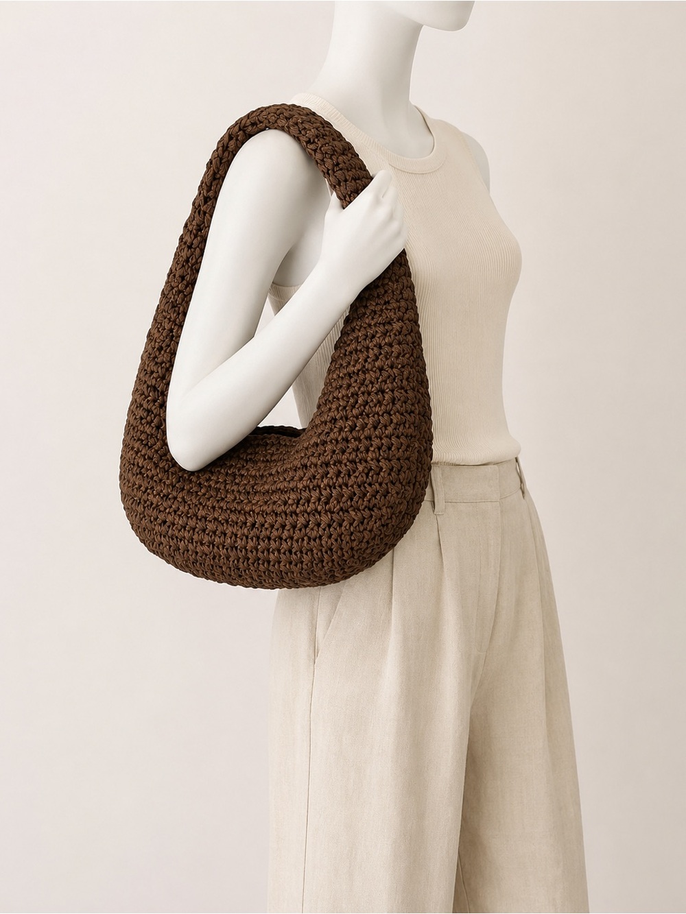 Handmade Summer Woven Crochet Shoulder Bag in Chocolate Brown